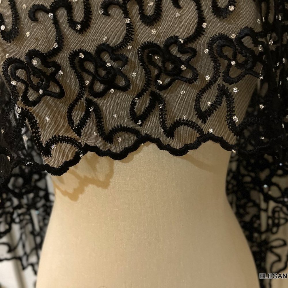 Victorian Vintage High Neck Capelet Black Womens M / L Sheer Beaded Fringed Cape - Picture 3 of 15